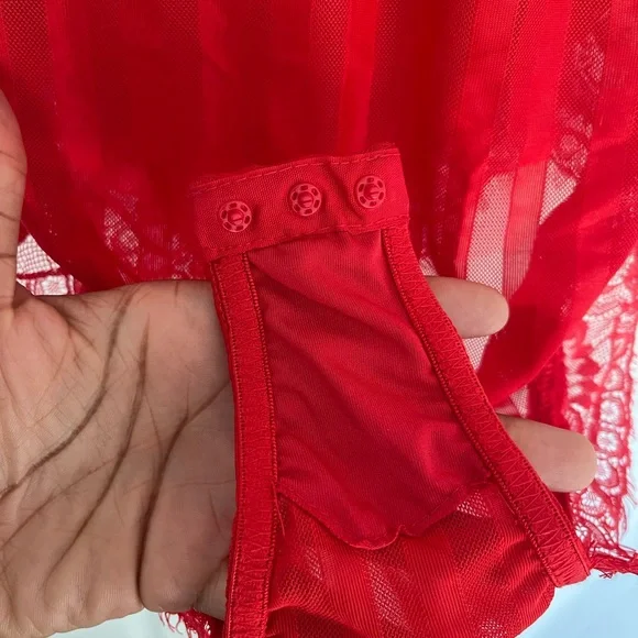 Red V neck Lace Sexy Bodysuit - Picture 12 of 14